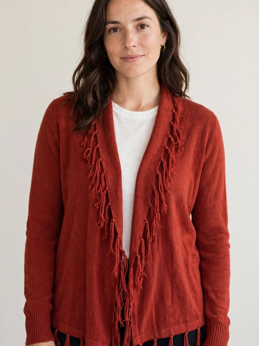 Rust Fringe Open-Front Women's Cardigan Sweater